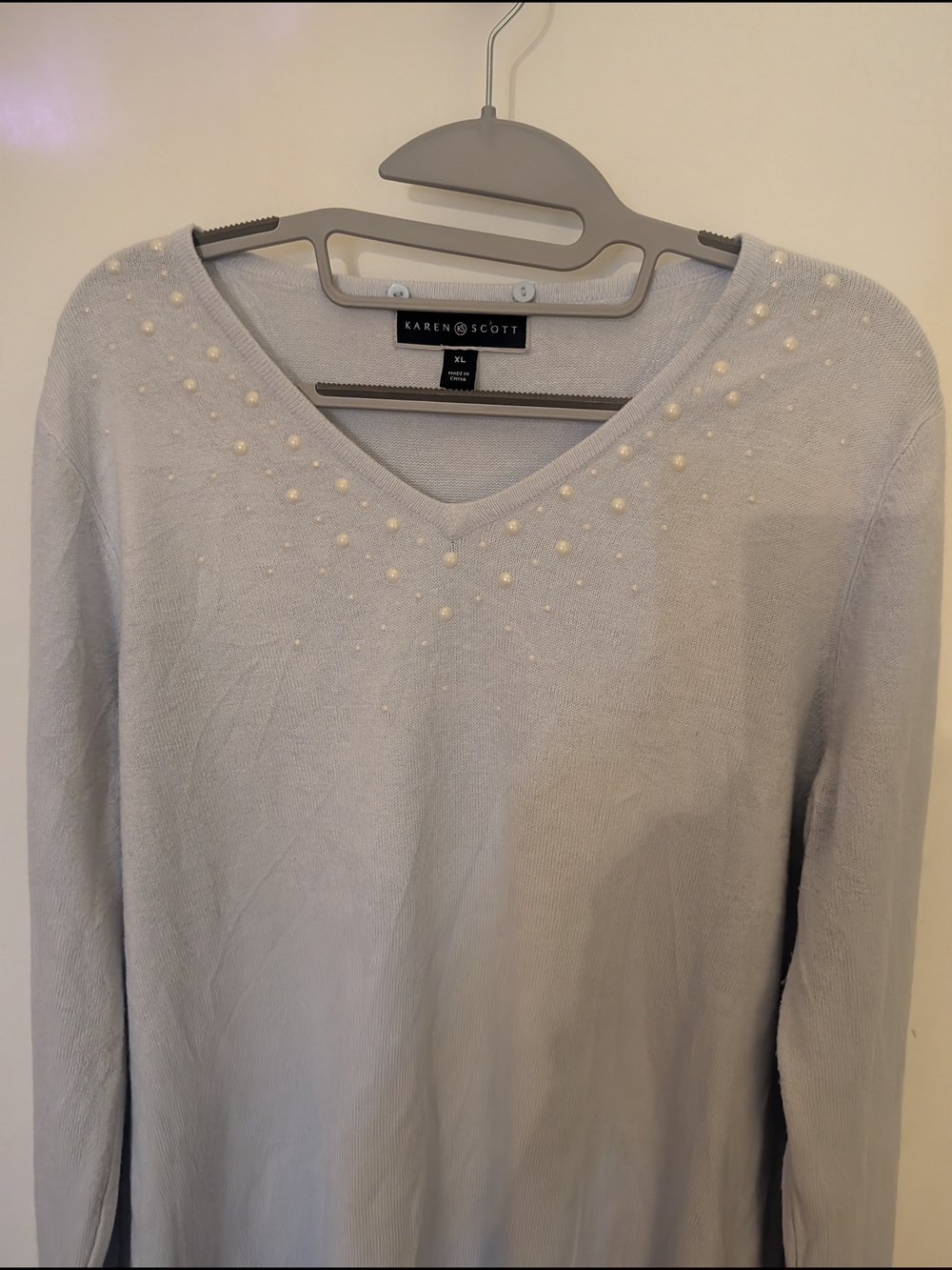 Karen Scott Faux Pearl Embellished V-Neck Sweater Light Blue Knit XL